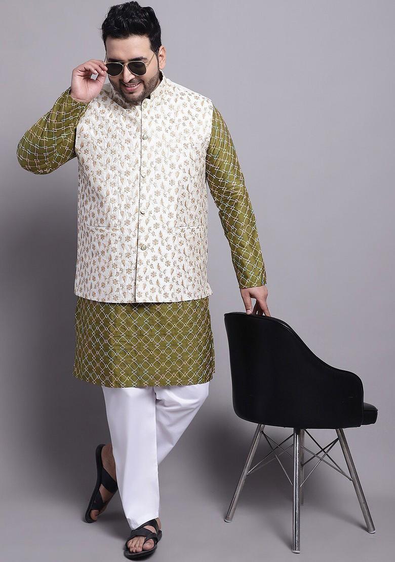 Olive Embroidered Poly Blend Kurta Set For Men