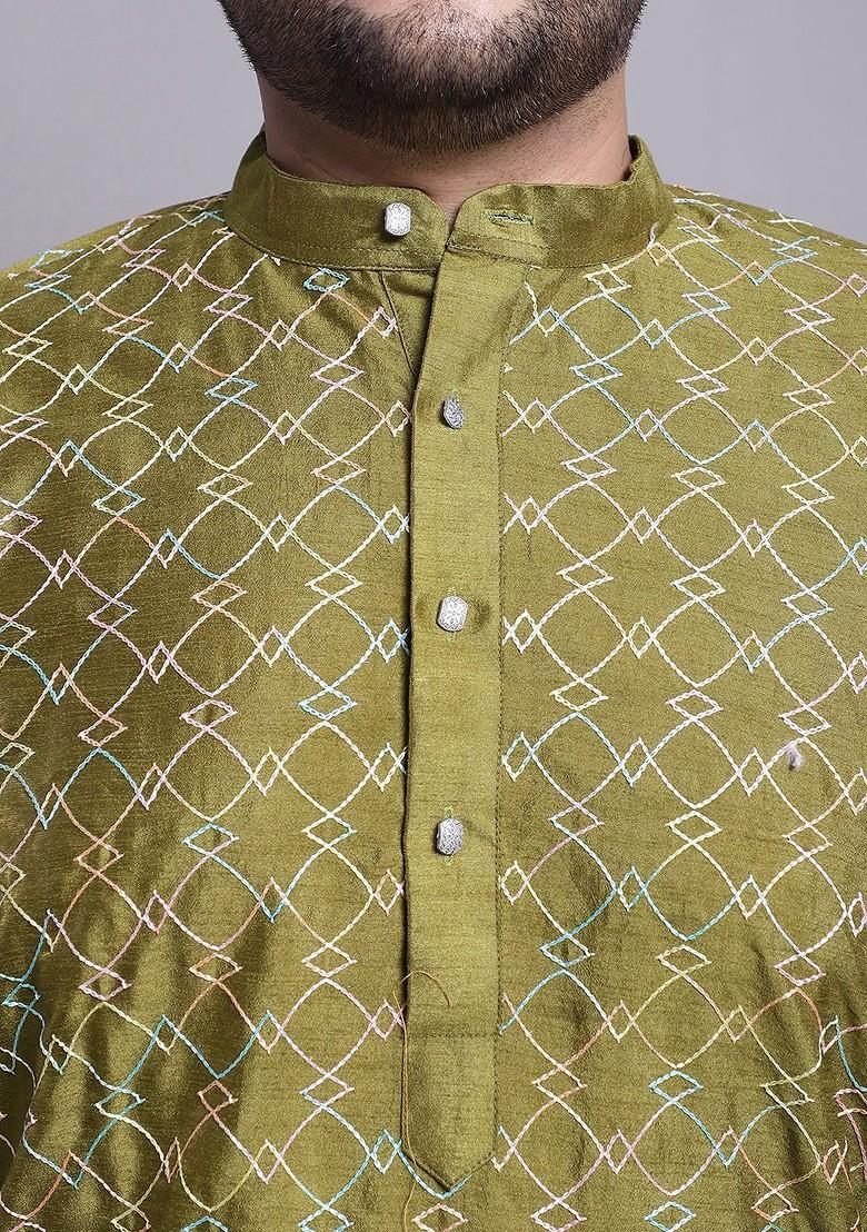 Olive Embroidered Poly Blend Kurta Set For Men