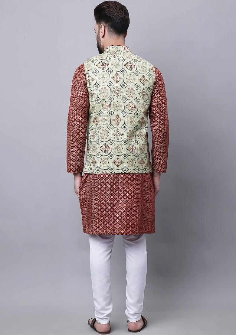 Maroon Ethnic Motifs Poly Blend Kurta Set For Men