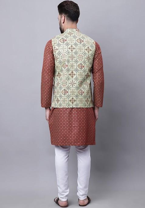 Maroon Ethnic Motifs Poly Blend Kurta Set For Men