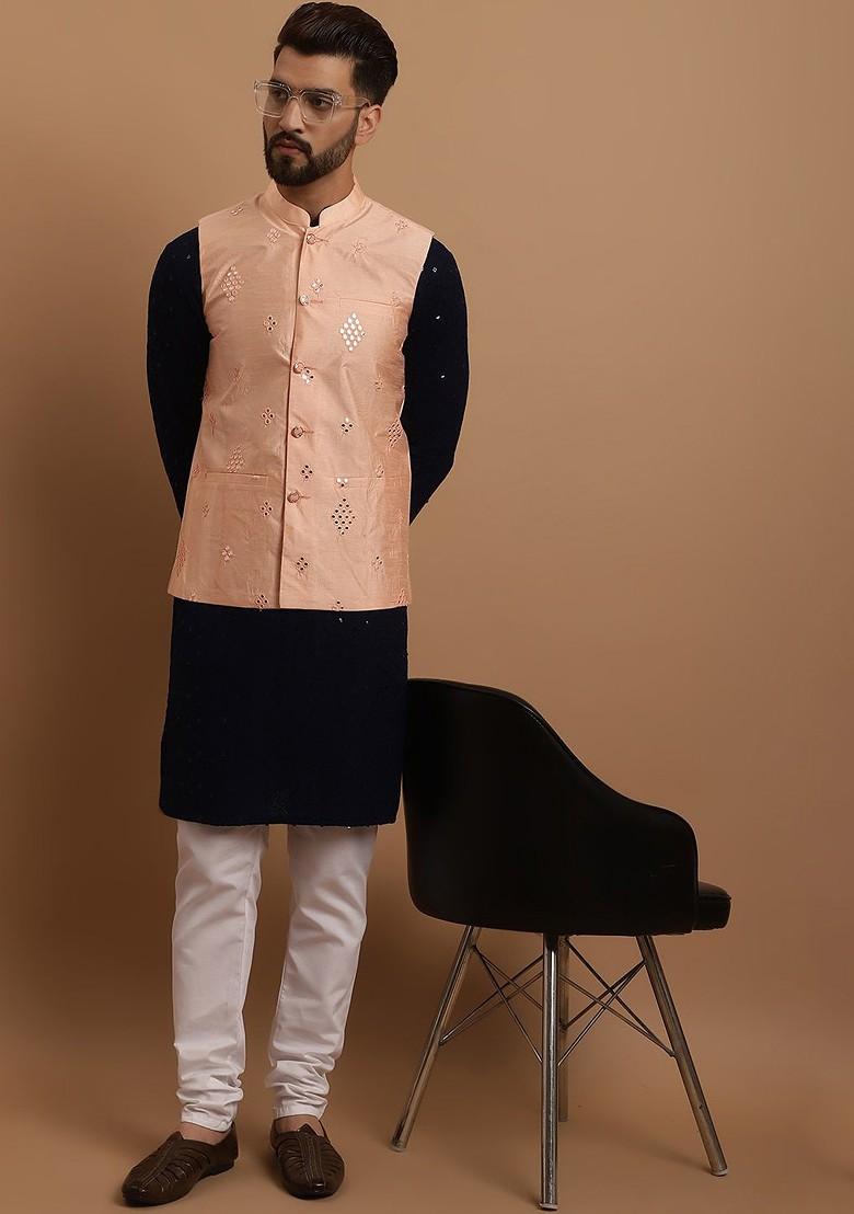 Navy Blue Embroidered Cotton Kurta Set For Men