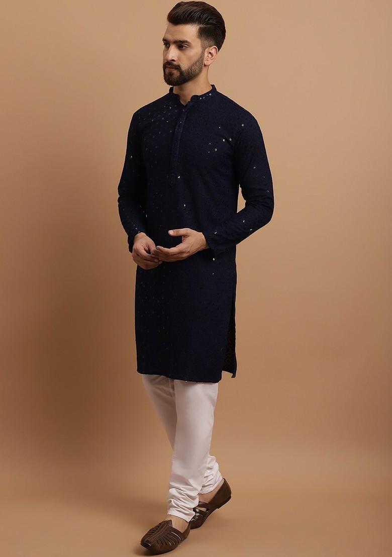 Navy Blue Embroidered Cotton Kurta Set For Men