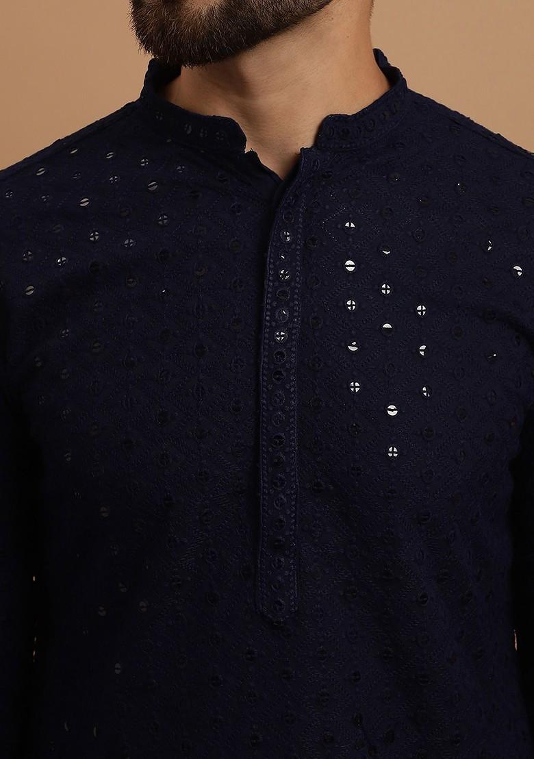 Navy Blue Embroidered Cotton Kurta Set For Men