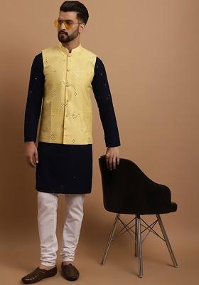 Black Embroidered Cotton Kurta Set For Men