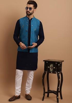 Navy Blue Embroidered Cotton Kurta Set For Men