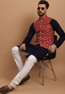 Navy Blue Embroidered Cotton Kurta Set For Men