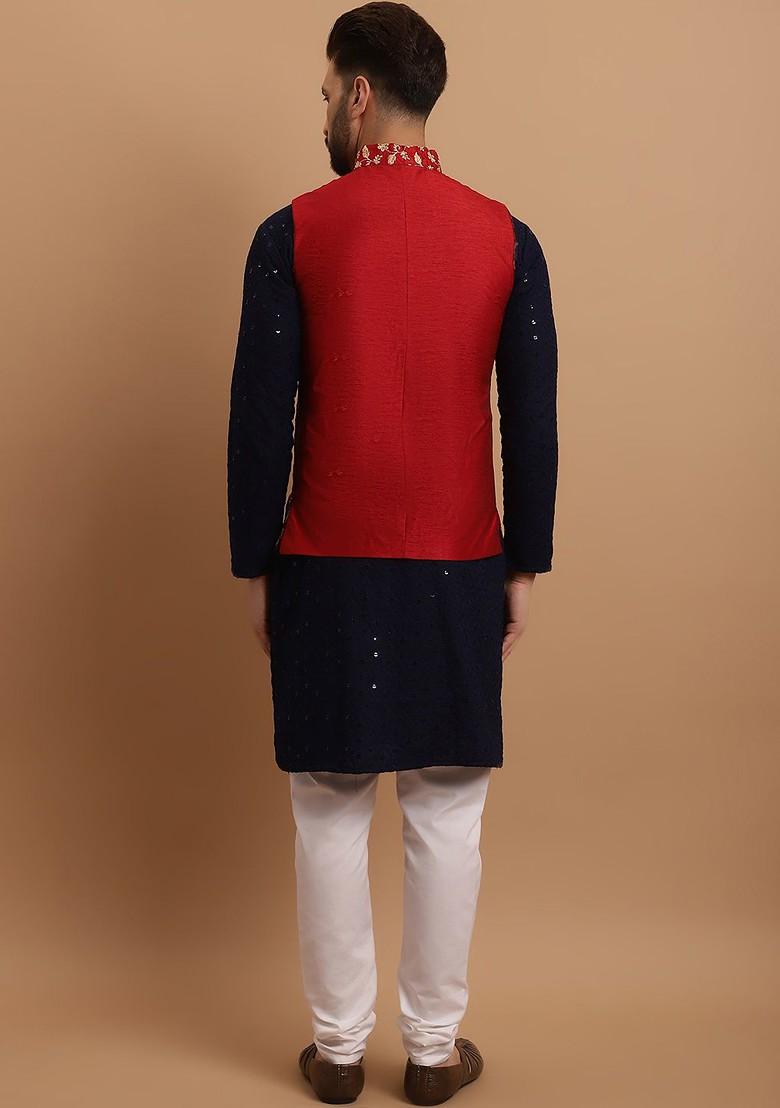 Navy Blue Embroidered Cotton Kurta Set For Men