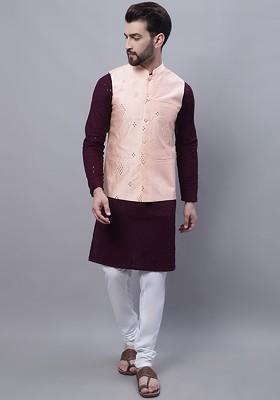 Purple Embroidered Cotton Kurta Set For Men
