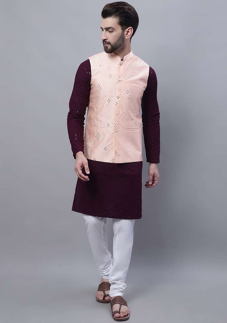 Purple Embroidered Cotton Kurta Set For Men - Indya