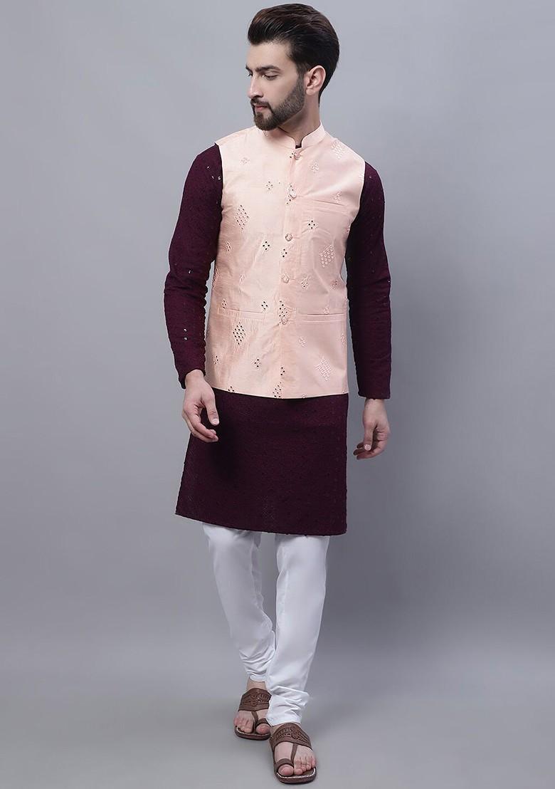 Purple Embroidered Cotton Kurta Set For Men