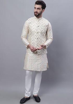 Cream Thread Work Poly Blend Kurta Set For Men