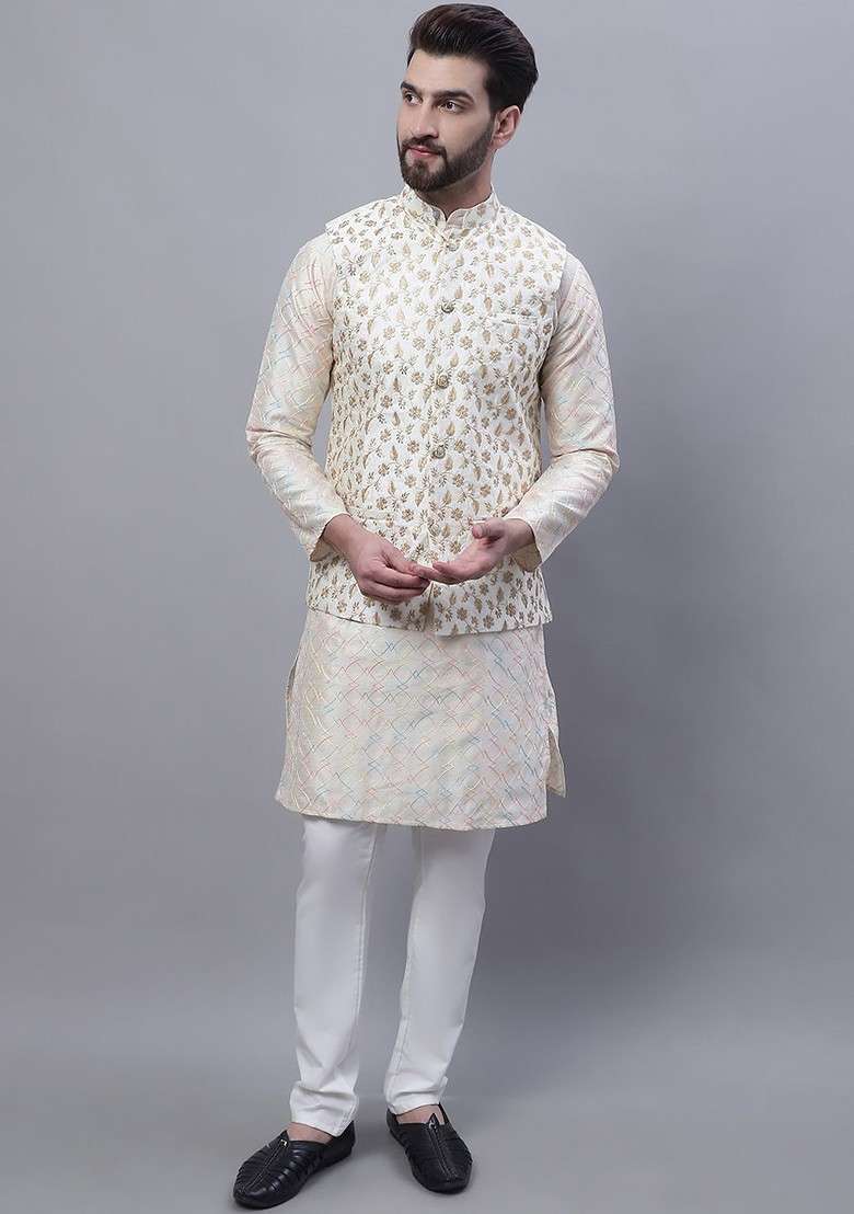 Cream Thread Work Poly Blend Kurta Set For Men - Indya