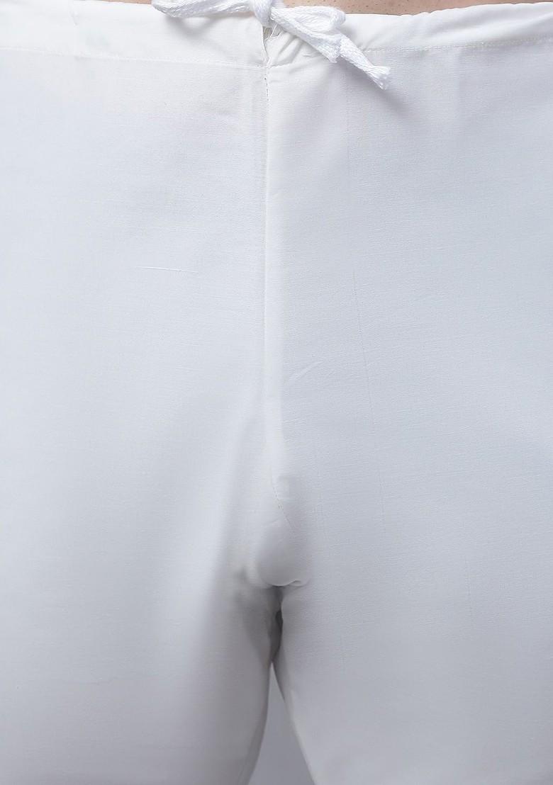 Cream Thread Work Poly Blend Kurta Set For Men