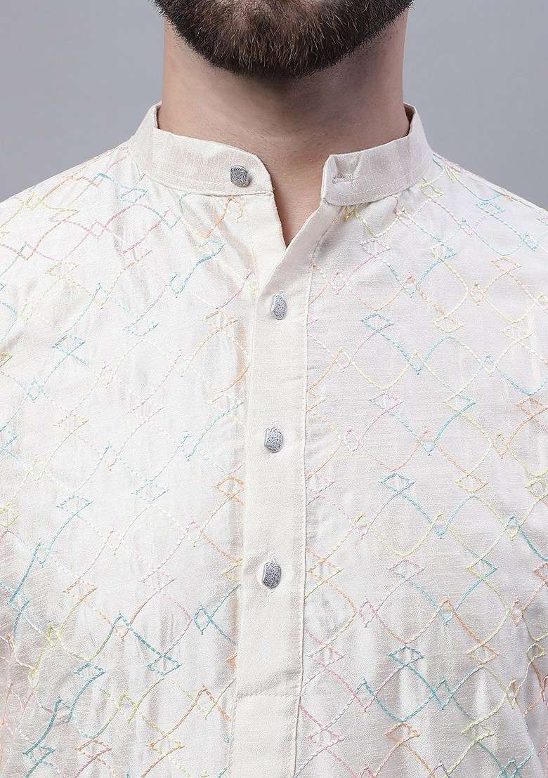 Cream Thread Work Poly Blend Kurta Set For Men - Indya