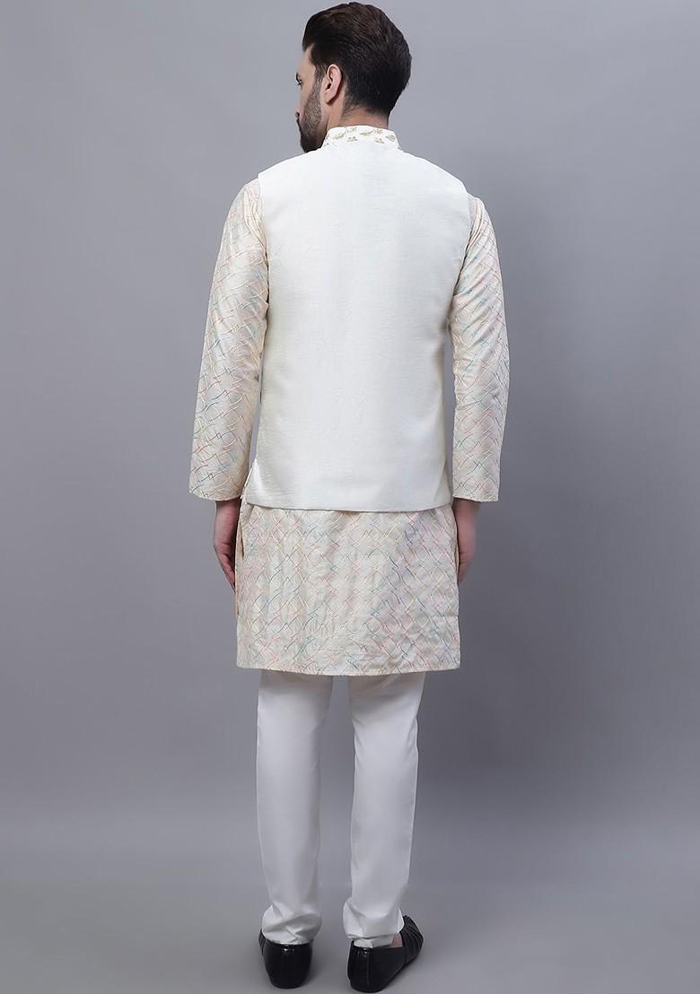 Cream Thread Work Poly Blend Kurta Set For Men