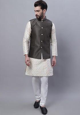 Cream Thread Work Poly Blend Kurta Set For Men