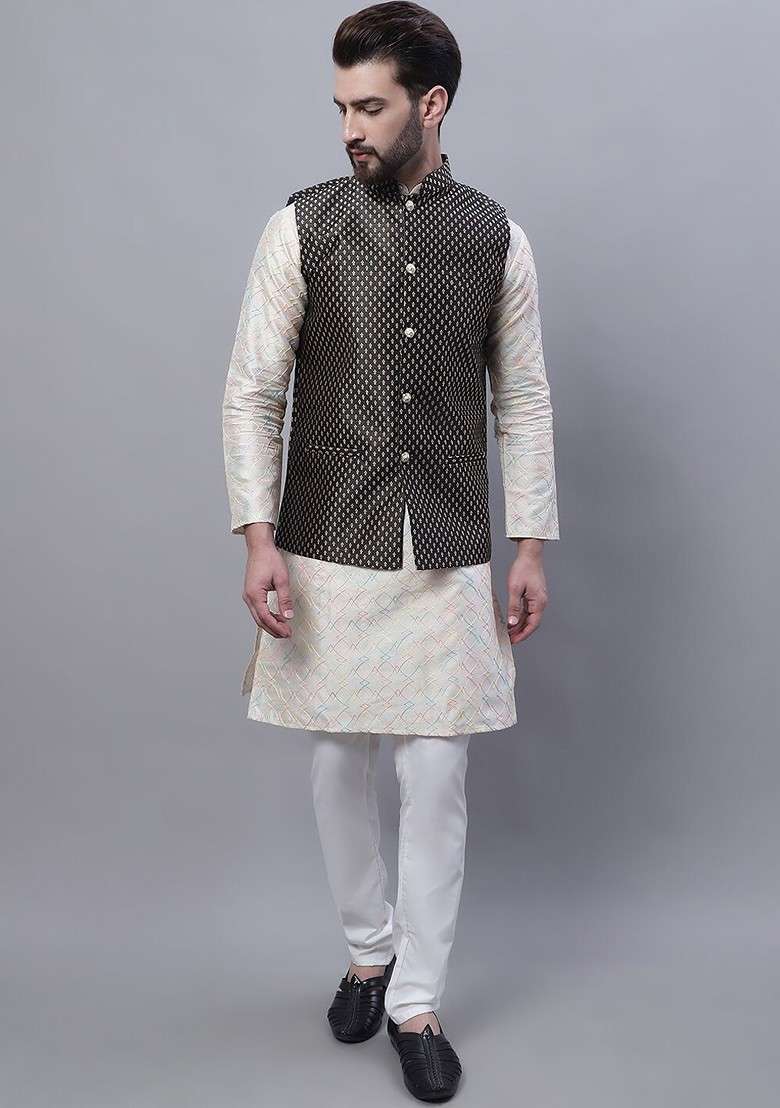 Cream Thread Work Poly Blend Kurta Set For Men - Indya