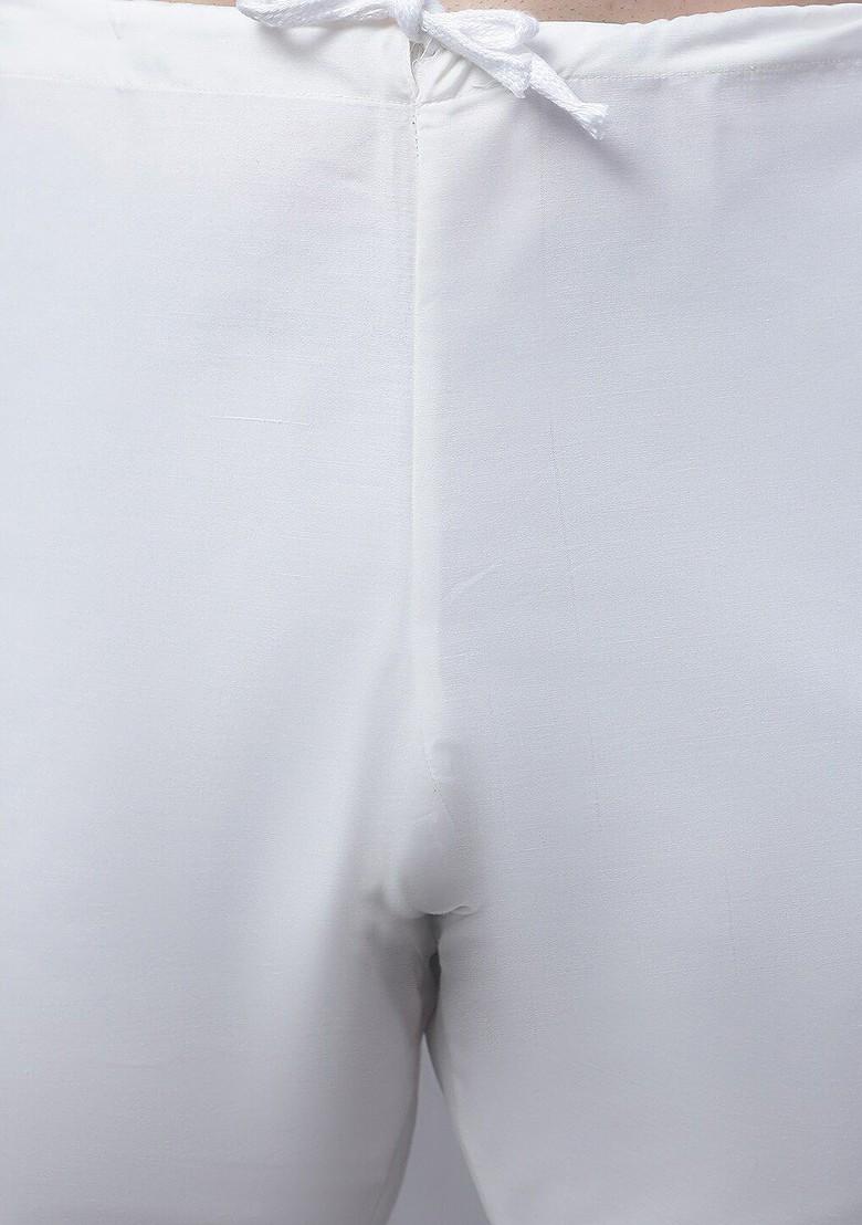 Cream Thread Work Poly Blend Kurta Set For Men