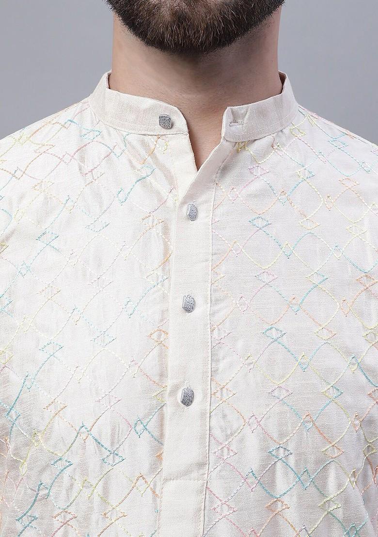 Cream Thread Work Poly Blend Kurta Set For Men