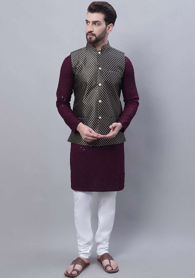 Purple Embroidered Cotton Kurta Set For Men - Indya