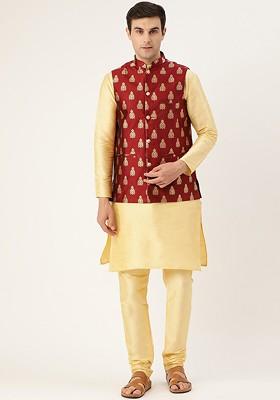 Gold Solid Silk Kurta Set For Men