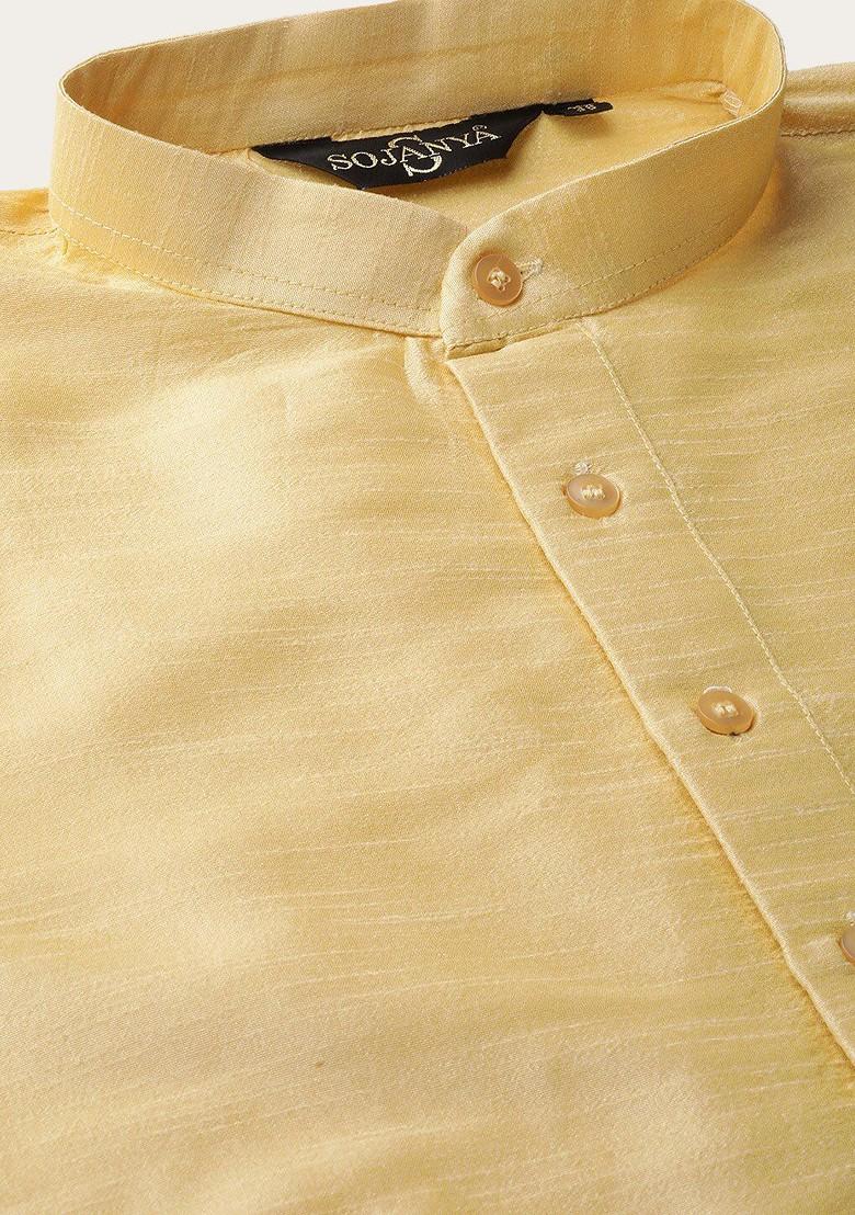 Gold Solid Silk Kurta Set For Men