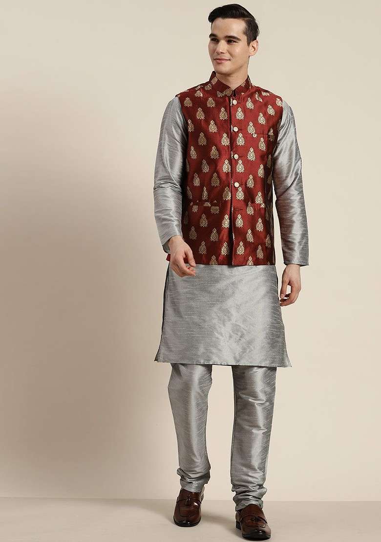 Grey Solid Poly Blend Kurta Set For Men - Indya