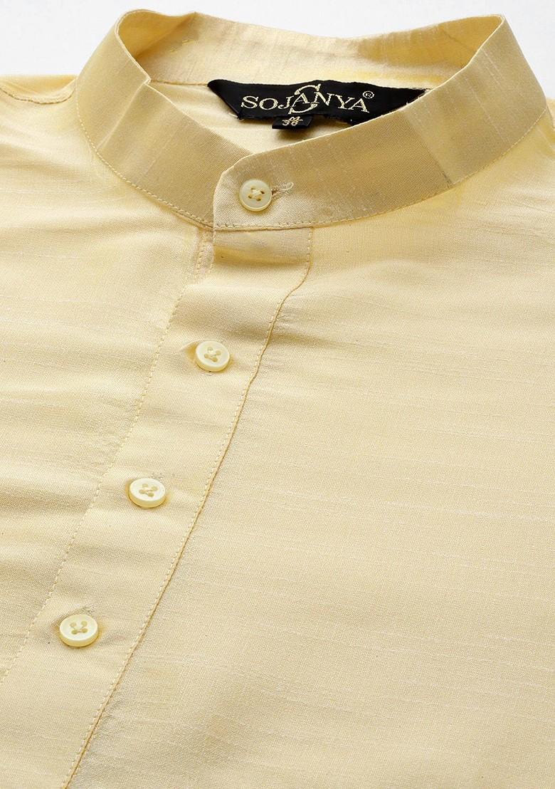 Gold Solid Poly Blend Kurta Set For Men