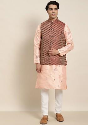Peach Mirror Work Poly Blend Kurta Set For Men