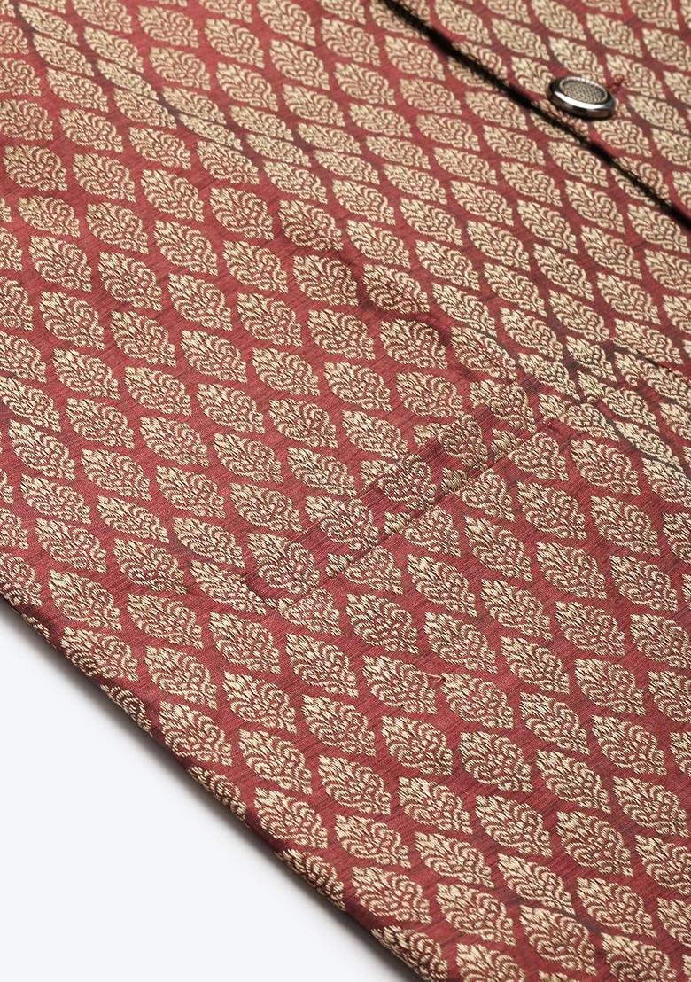 Peach Mirror Work Poly Blend Kurta Set For Men