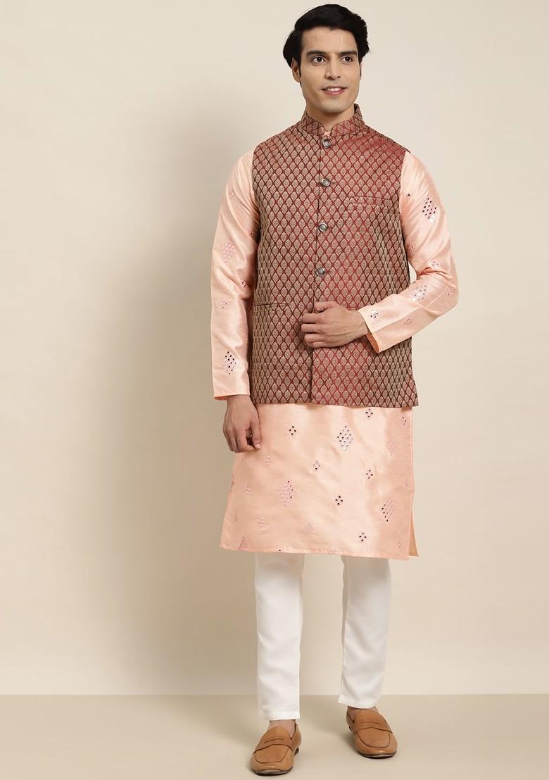 Peach Mirror Work Poly Blend Kurta Set For Men