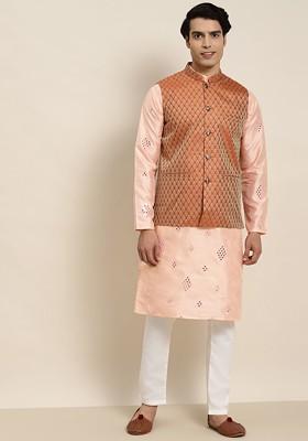 Peach Ethnic Motifs Poly Blend Kurta Set For Men