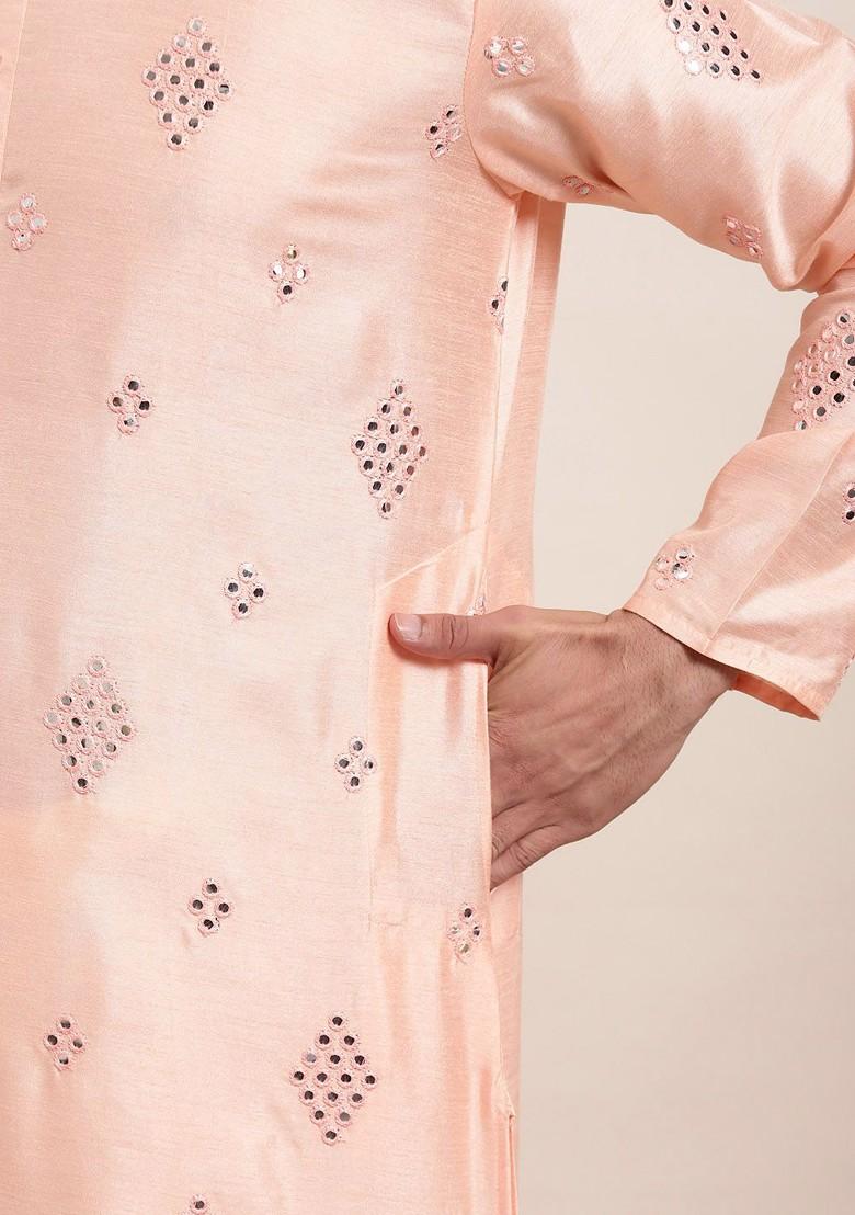 Peach Ethnic Motifs Poly Blend Kurta Set For Men