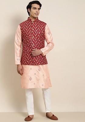 Peach Mirror Work Poly Blend Kurta Set For Men