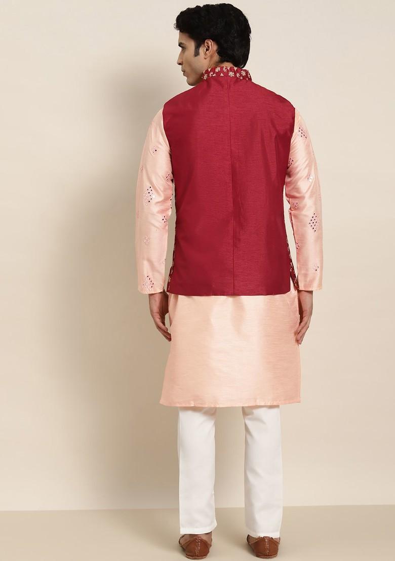 Peach Mirror Work Poly Blend Kurta Set For Men