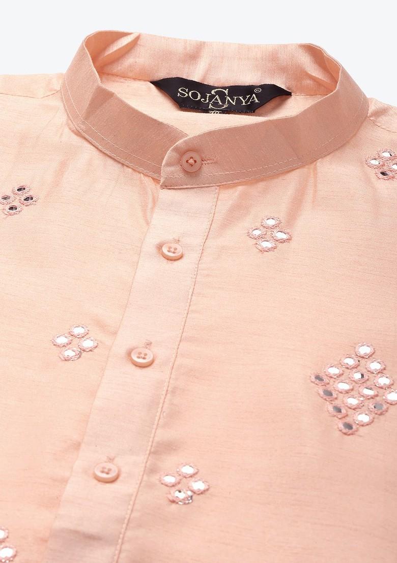 Peach Mirror Work Poly Blend Kurta Set For Men