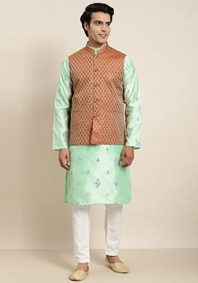 Sea Green Embroidered Poly Blend Kurta Set For Men