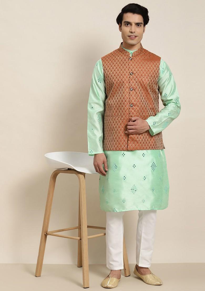 Sea Green Embroidered Poly Blend Kurta Set For Men