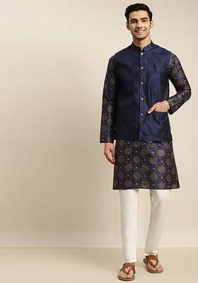 Navy Blue Ethnic Motifs Poly Blend Kurta Set For Men