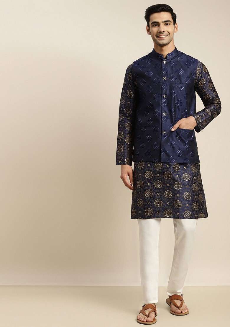 Navy Blue Ethnic Motifs Poly Blend Kurta Set For Men - Indya