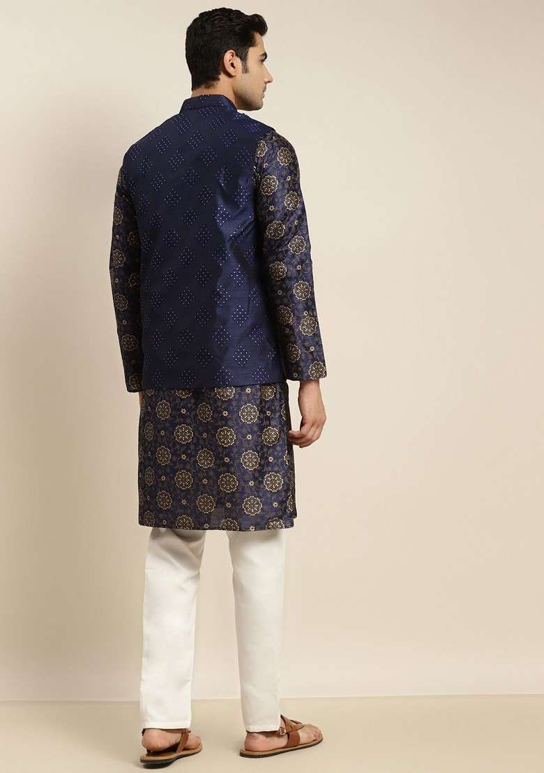 Navy Blue Ethnic Motifs Poly Blend Kurta Set For Men - Indya