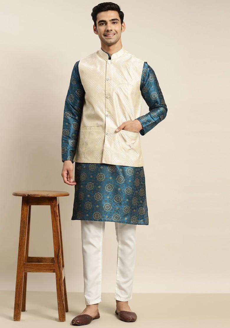 Teal Blue Ethnic Motifs Poly Blend Kurta Set For Men