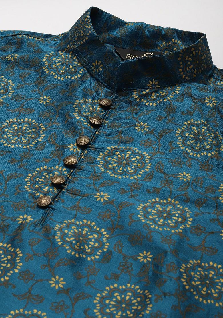 Teal Blue Ethnic Motifs Poly Blend Kurta Set For Men