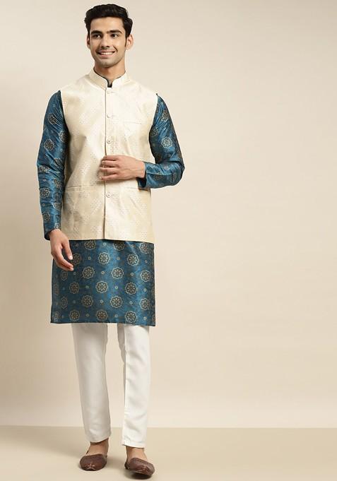 Teal Blue Ethnic Motifs Poly Blend Kurta Set For Men