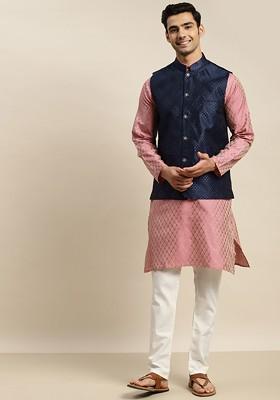 Pink Ethnic Motifs Poly Blend Kurta Set For Men