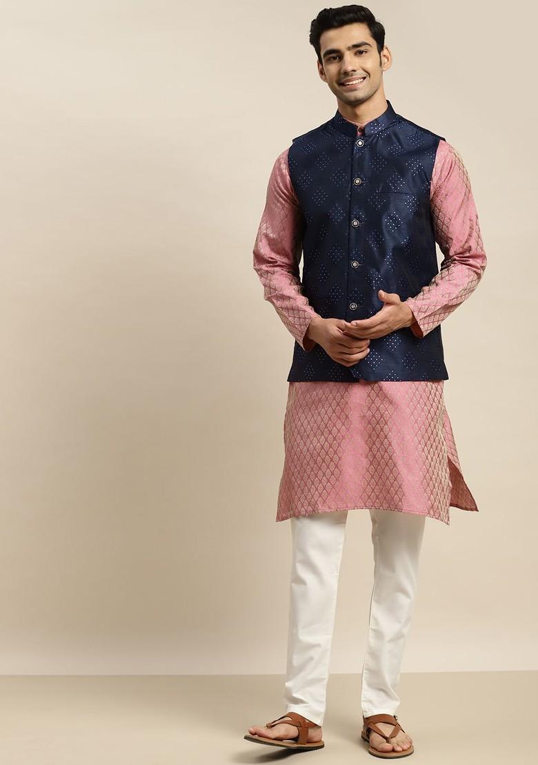 Pink Ethnic Motifs Poly Blend Kurta Set For Men