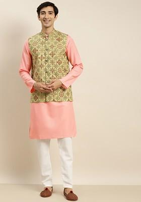 Pink Solid Cotton Kurta Set For Men