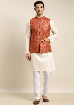 Cream Solid Cotton Kurta Set For Men