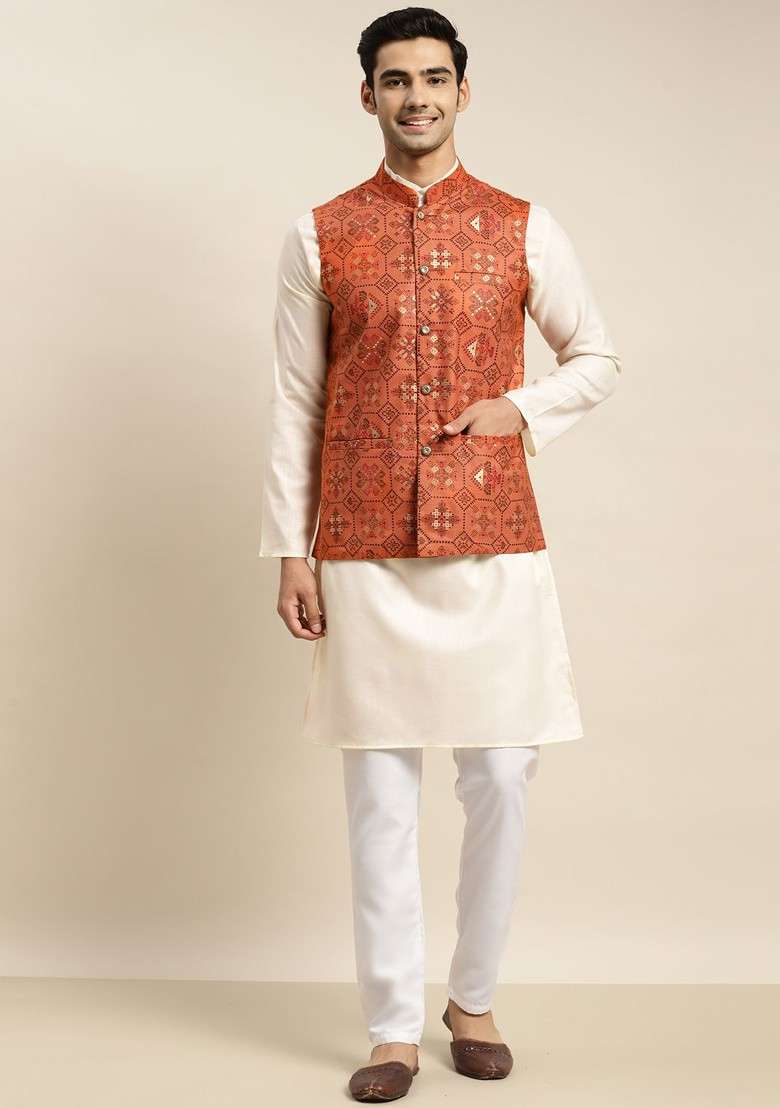 Cream Solid Cotton Kurta Set For Men - Indya