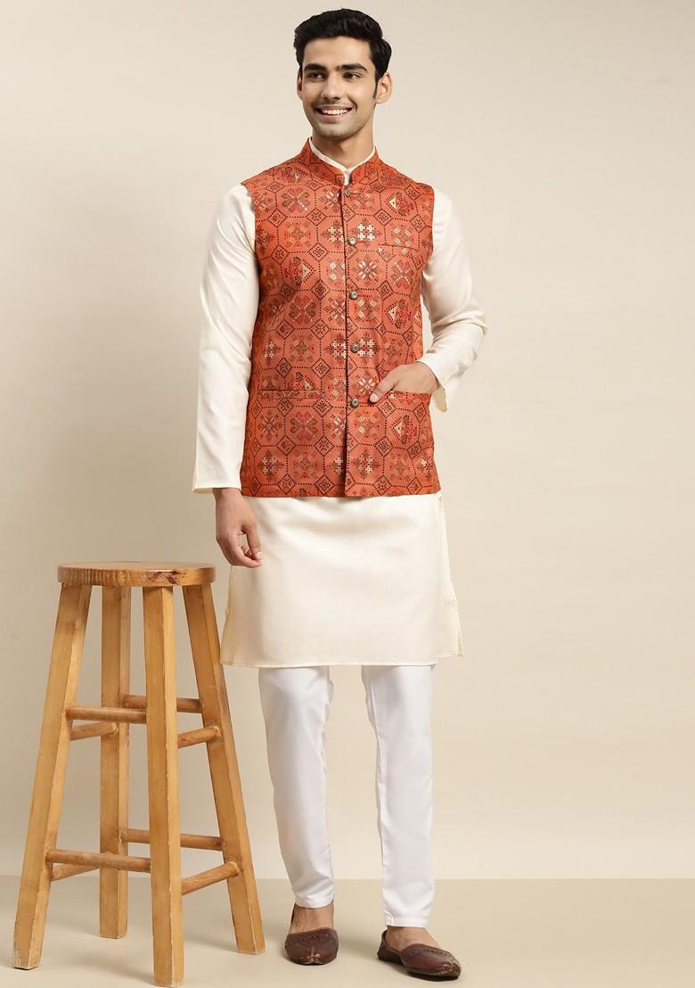 Cream Solid Cotton Kurta Set For Men